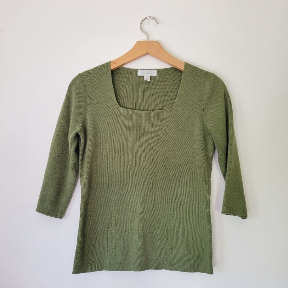 Vintage Dressbarn Green Women's Sweater Square Neck 3/4 Sleeves S